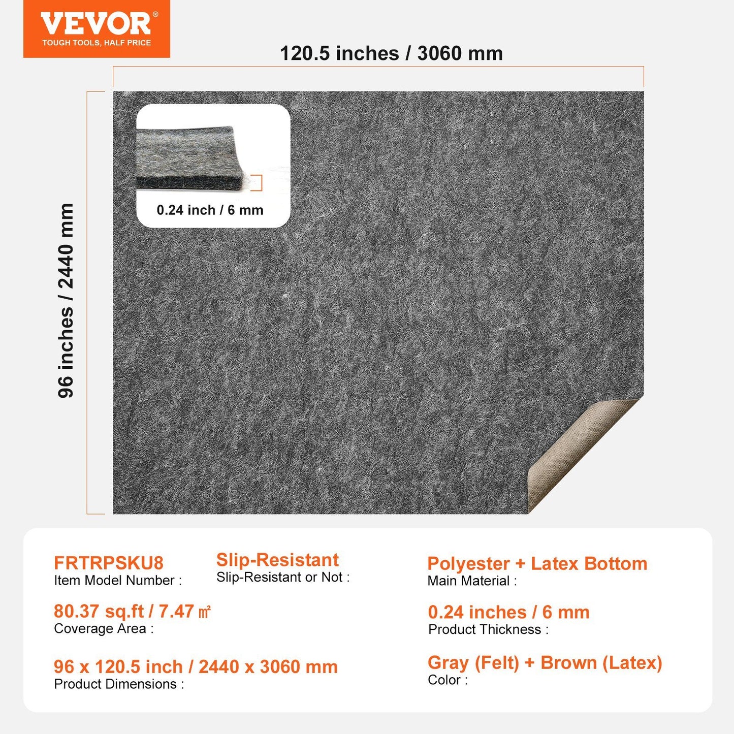 Non Slip Rug Pad Gripper 8 X 10 Carpet Mat 0.24Thick For All Floor